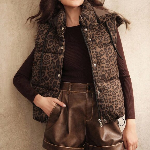 Coffee Brown Casual Women's Leopard Print Vest - Picture 2 of 7